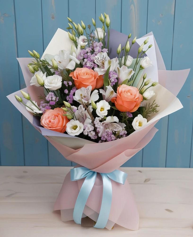 Букет цветов из: Лизиантусы, Розы, Альстромерии и Гипсофила в Зарайский