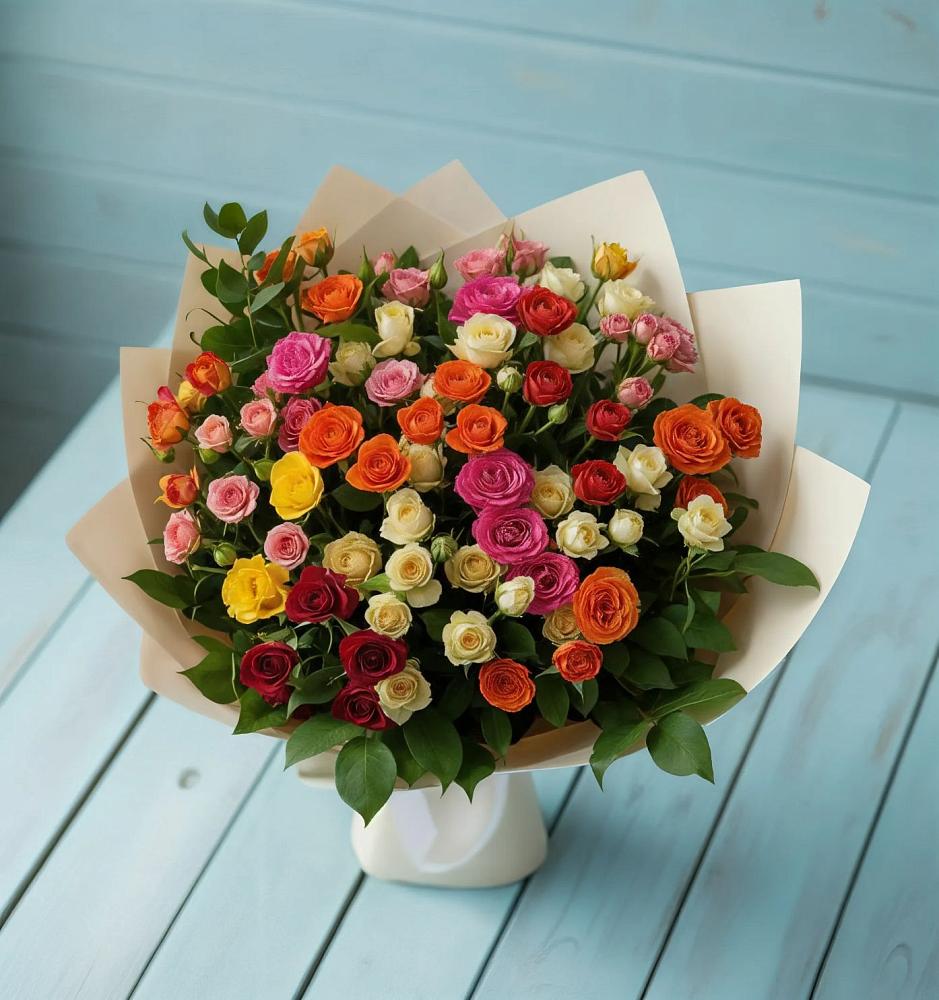 Букет Микс из разноцветных кустовых роз в Зарайский