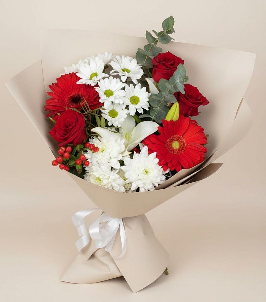 Букет цветов из: Розы, Хризантемы, Герберы и Лилии в Зарайский