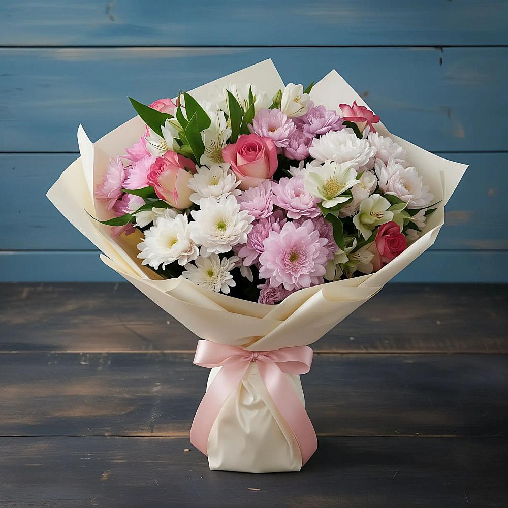 Букет цветов из: Хризантемы, Альстромерии и Розы в Зарайский